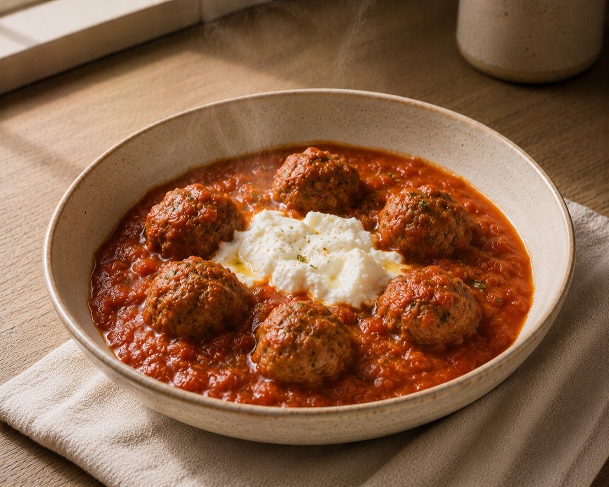 Greek-Style Turkey Meatballs Simmered in Tomato