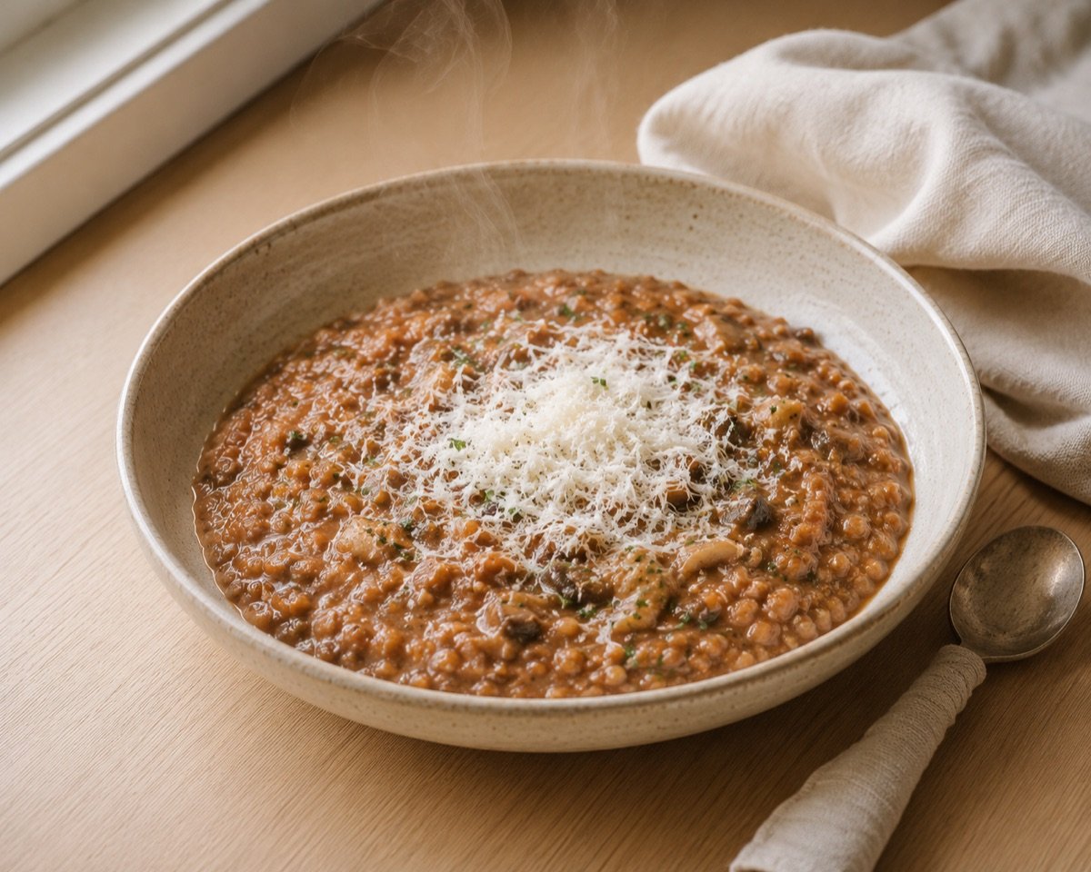 Slow-Cooker Mushroom + Lentil Stew with Parmesan